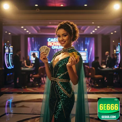 Jogadora sorridente mostra fichas e cartas no 6e666.