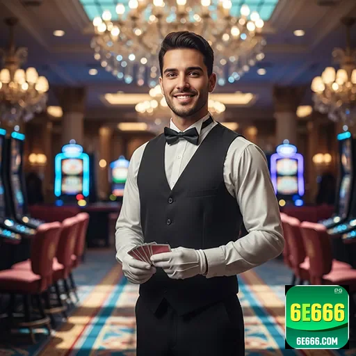 Croupier sorridente no cassino 6e666 interagindo com jogadores.
