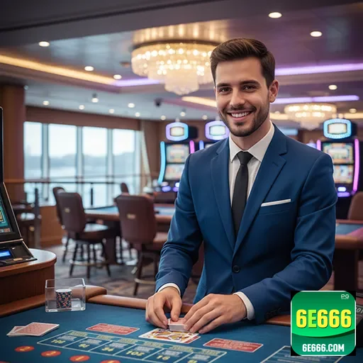 Homem sorridente em cassino, usando aplicativo 6e666.