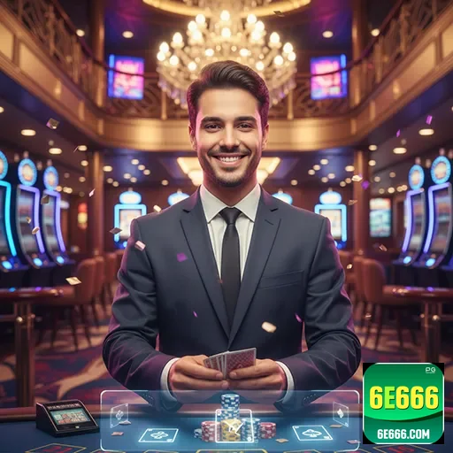 Jogador VIP sorridente no cassino 6e666 com fichas e cartas.