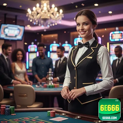 Croupier no 6e666 interagindo com jogadores em cassino