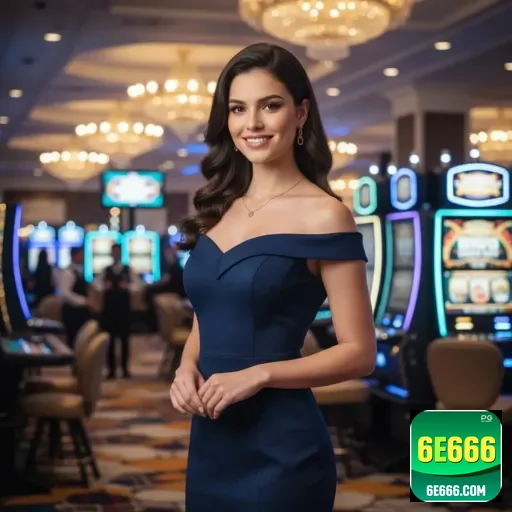 Mulher sorridente em cassino do 6e666, com jogadoras ao fundo.