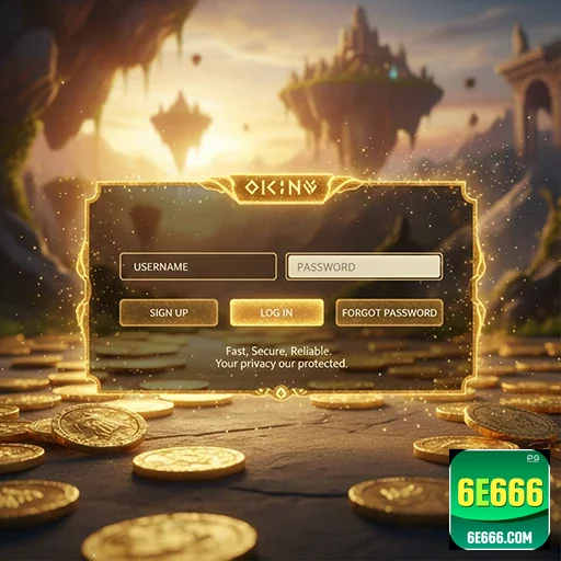 Tela de login do site 6e666 com moedas ao fundo.