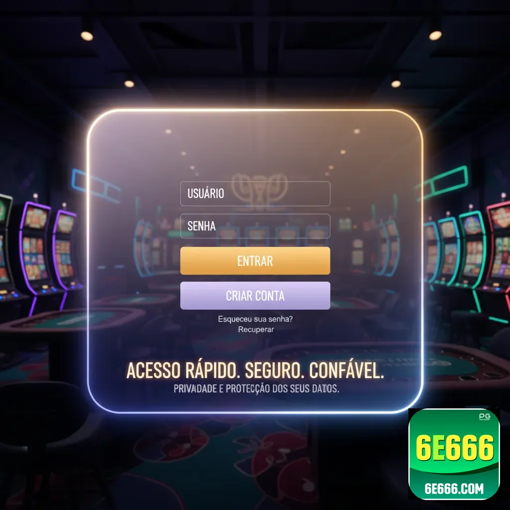 Tela de login do site 6e666 com slots ao fundo.