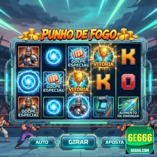 Tela de slot 'Punho de Fogo' do app 6e666 com símbolos e prêmios.