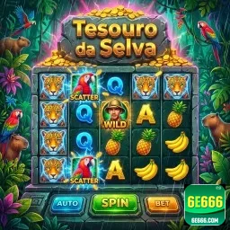 Slot 'Tesouro da Selva' no 6e666, com símbolos coloridos.