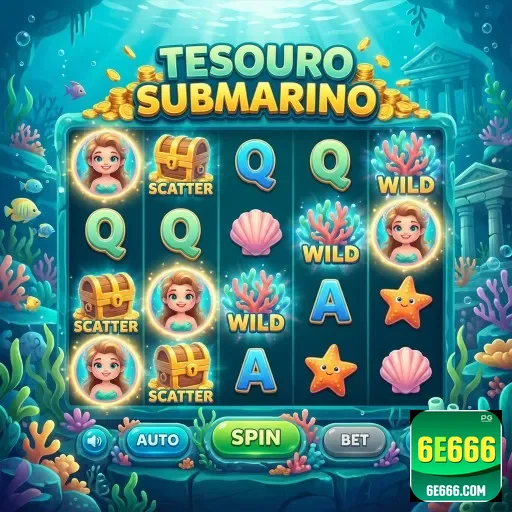 Tela do slot Tesouro Submarino no 6e666, com símbolos de bônus.